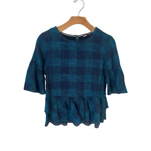 Jealous 21 Plaid Peplum Blouse Small Blue Teal Black